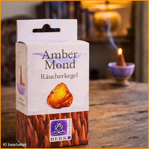 Packung Amber Mond Räucherkegel auf antikem Holztisch, im Hintergrund ein glimmender Räucherkegel mit feinem Rauch in gemütlicher, unscharfer Wohnatmosphäre.