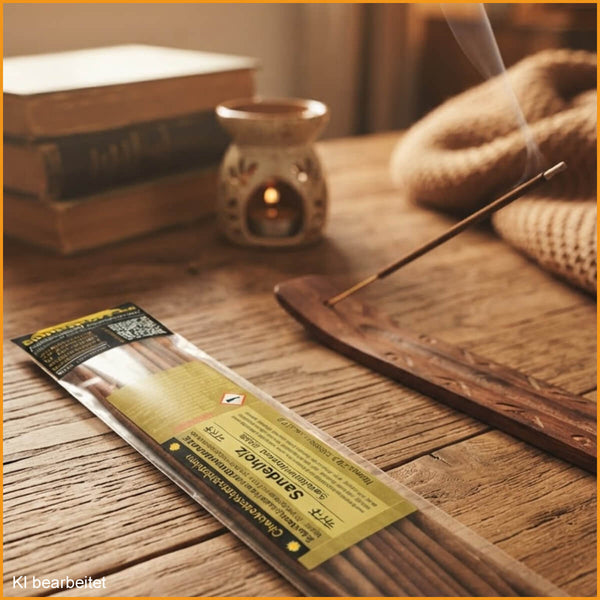 Packung Sandelholz‑Räucherstäbchen auf einem Holztisch, daneben ein brennendes Räucherstäbchen im Halter, warmes Licht, Bücher und Kerzen für eine gemütliche Atmosphäre.