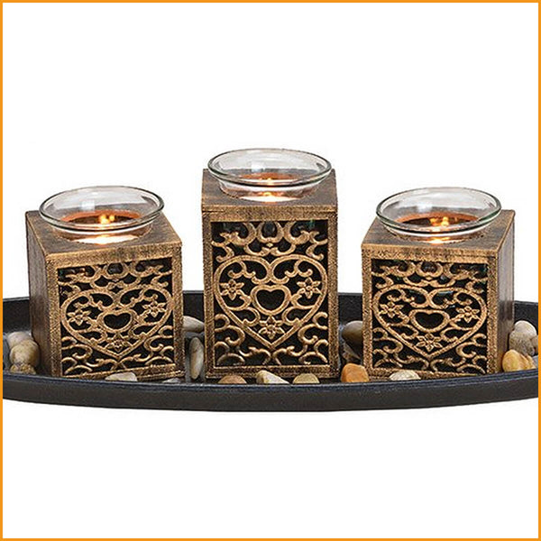 Windlicht 3er Teelichthalter aus Holz und Glas