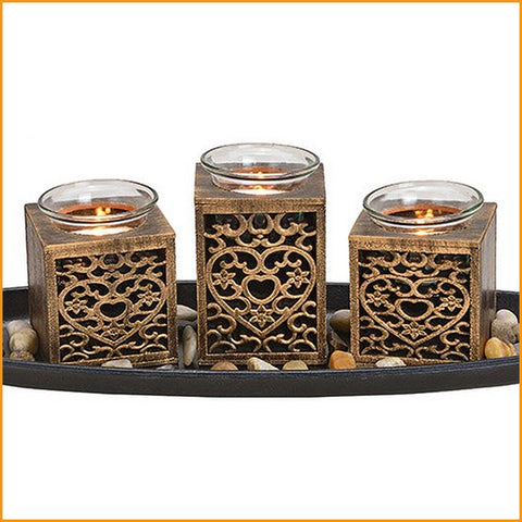 Windlicht 3er Teelichthalter aus Holz und Glas