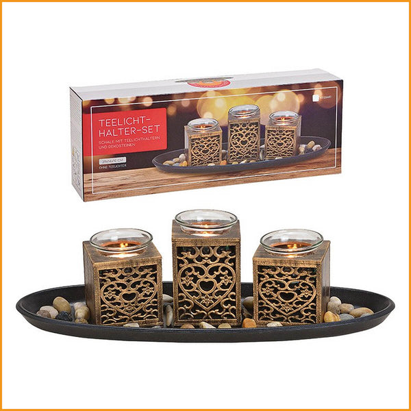 3er Windlicht Teelichthalter 5er Set Holz & Glas 39 cm Teelicht Halter